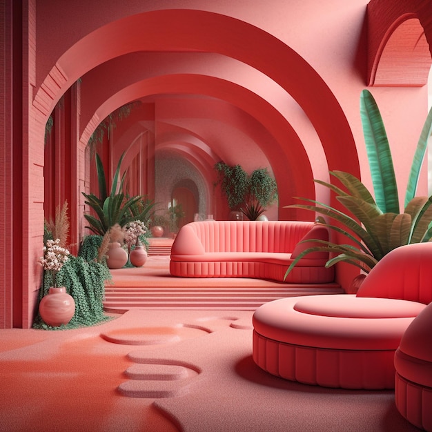 a room with a pink and red couch and a potted plant