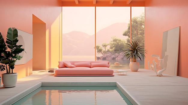 a room with a pink sofa glass windows and a pool Generative AI