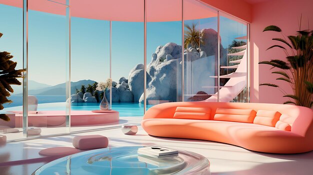 a room with a pink sofa glass windows and a pool Generative AI