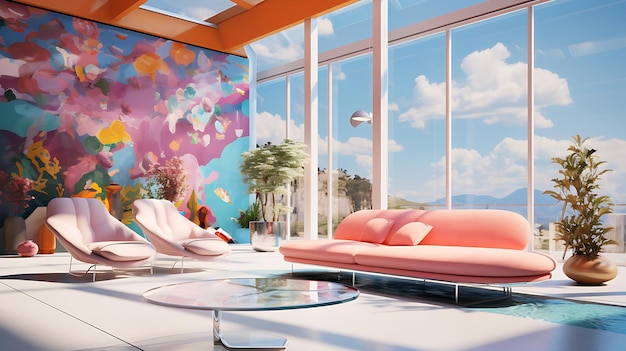 a room with a pink sofa glass windows and a pool Generative AI