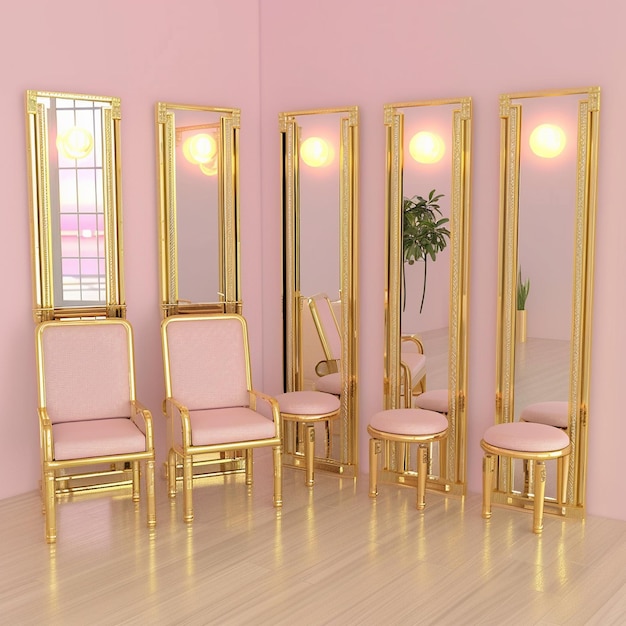 Photo a room with pink walls and pink chairs and a pink wall with a lamp on it