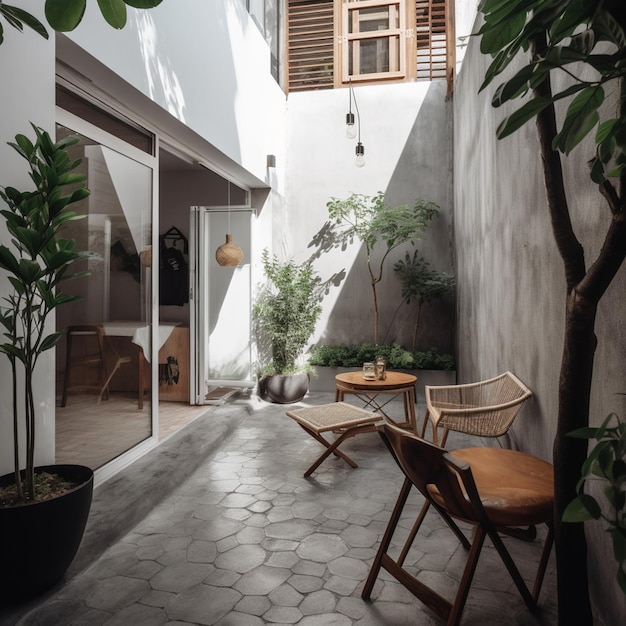 a room with a plant and chairs and a potted plant on the floor