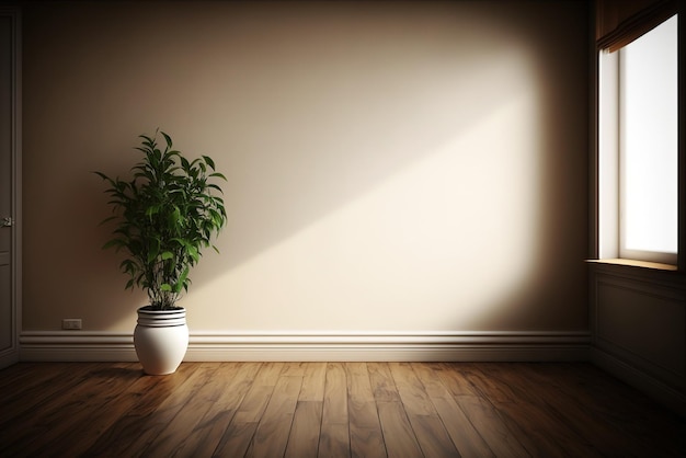 A room with a plant in it and a white wall with a light on it.