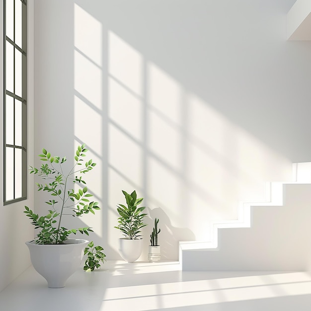 a room with a plant and a pot with a plant on the floor