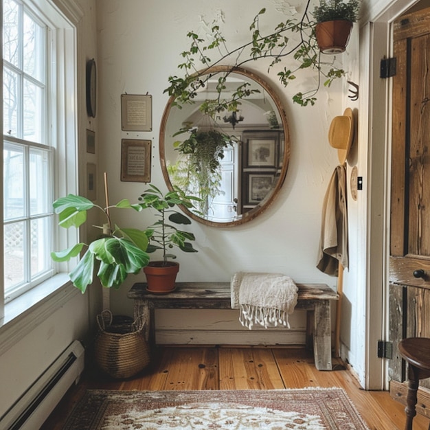 a room with a plant and a potted plant on the wall