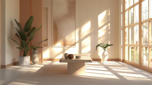 a room with a plant and a vase with flowers on a table