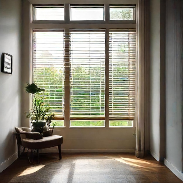 a room with a plant and a window with blinds that say  the time of 9  00