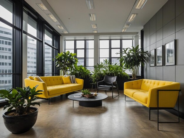 Photo a room with a plant and a yellow couch with plants on it