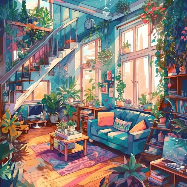 A room with plants and a couch.