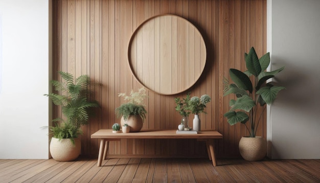 a room with plants and a round mirror on the wall