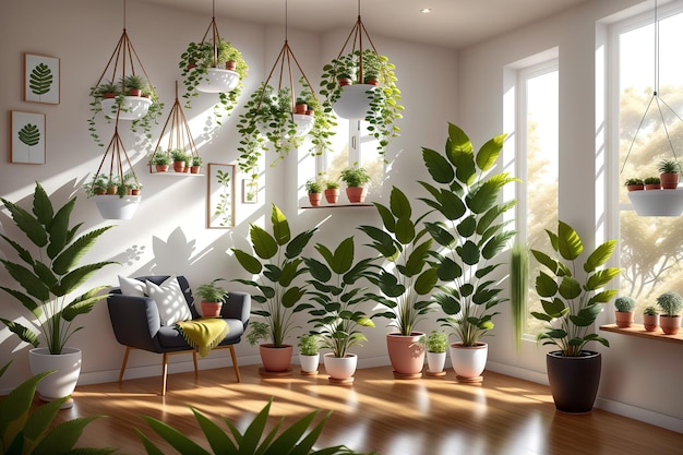 A room with plants on the wall and a chair that says'houseplants '