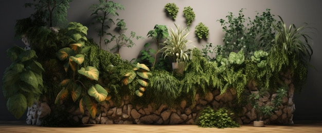 A room with plants and a wall with a sign