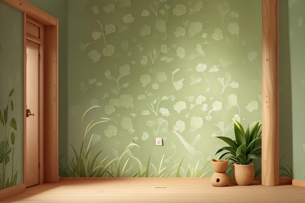 A room with plants on the wall