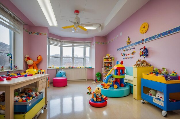 Photo a room with a play room with a play set and a yellow ceiling fan