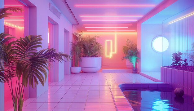 a room with a pool Interior of modern room with neon lighting