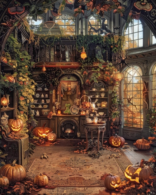 Photo a room with a pumpkin patch and a fireplace with a pumpkin patch on the top