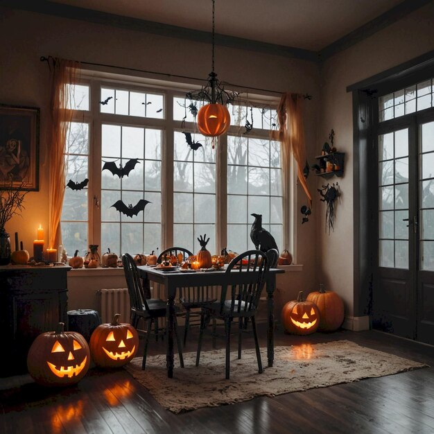 a room with pumpkins and bats hanging from the ceiling