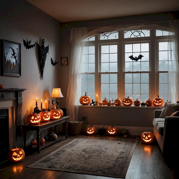 a room with pumpkins and a fireplace with a white curtain