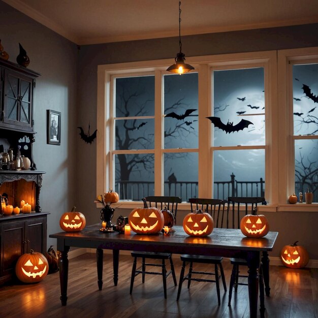 a room with pumpkins on the table and bats hanging from the ceiling