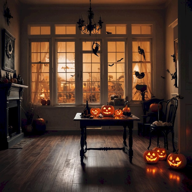 a room with pumpkins on the table and a clock on the wall