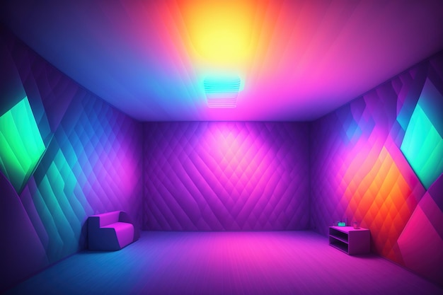 A room with a purple floor and a colorful light on the wall