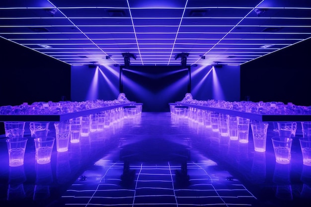 Photo a room with a purple light and a purple stage with a purple light on it