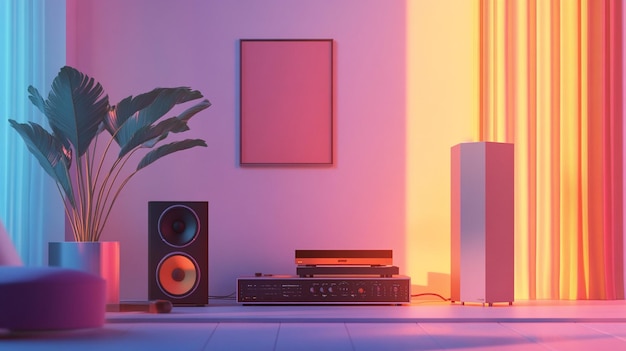 Photo a room with a purple wall and a speaker with a pink light on it