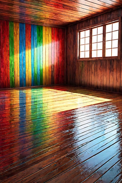 a room with a rainbow colored wall and a window on the wall