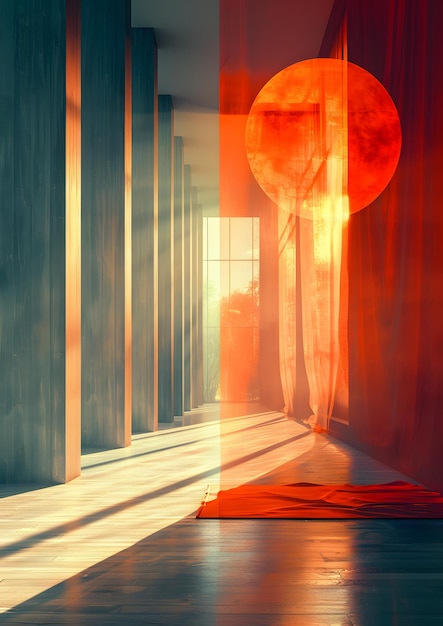 A room with a red curtain and a large red ball in the middle