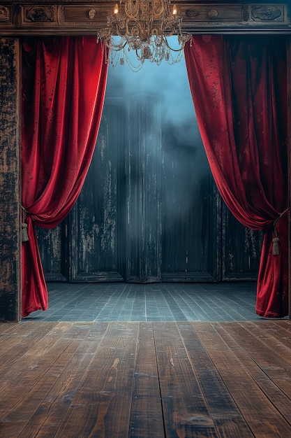 a room with red curtains and a smoke coming out of it