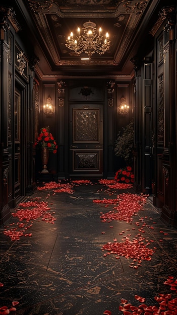 a room with a red flower in the middle