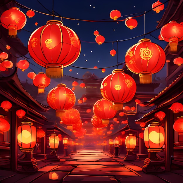 a room with red lanterns and a sign that says the word on it