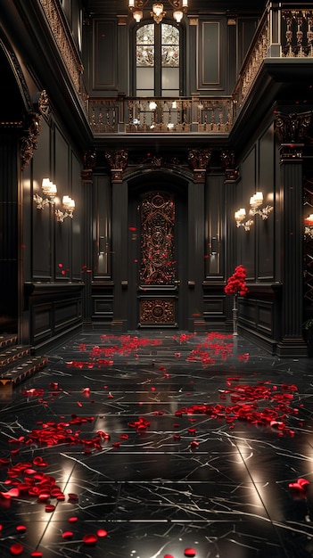 a room with a red rose petals on the floor and a large window that says  love