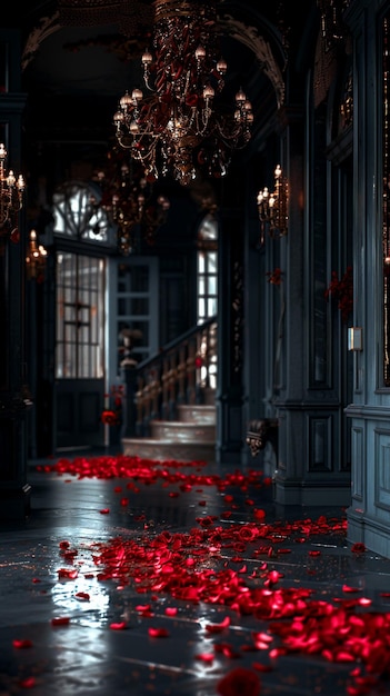 a room with red roses on the floor