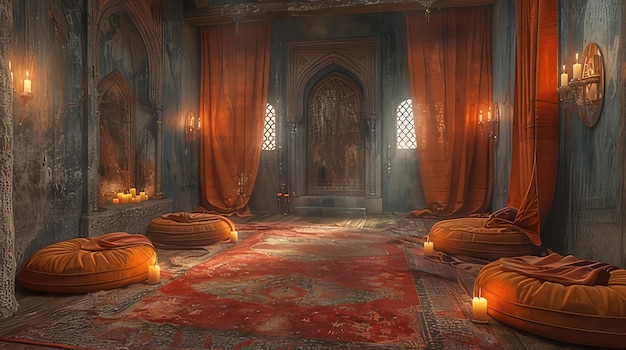 Photo a room with a red rug and candles in it