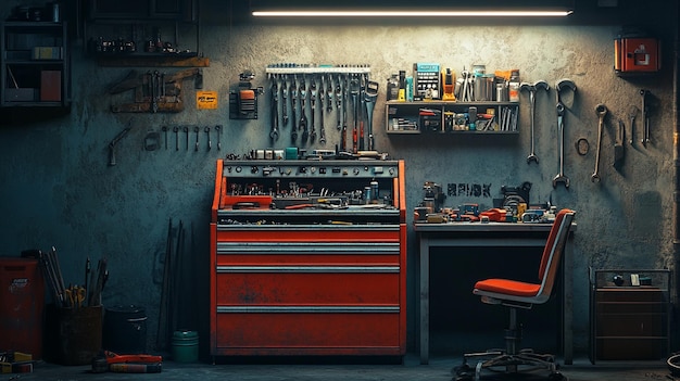 a room with a red toolbox and a shelf with tools on it