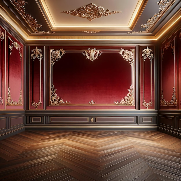 a room with a red wall and a gold frame with a red background