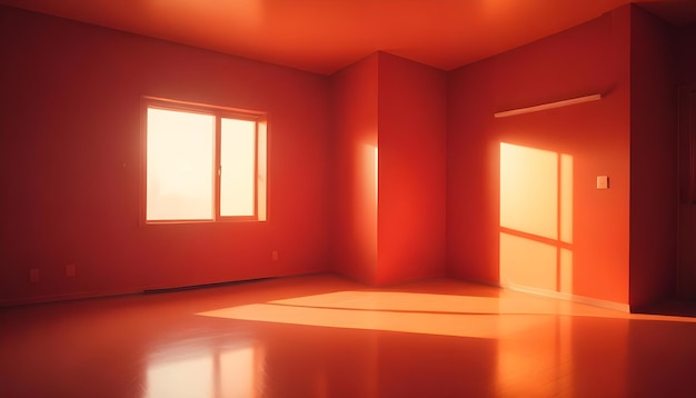 Photo a room with a red wall and a window with the sun shining through it