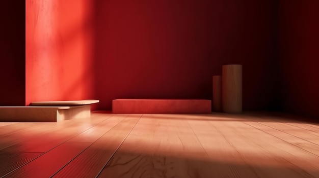 A room with a red wall and a wooden bench in the corner.