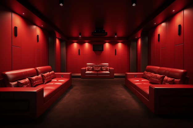 A room with red walls and a couch and a tv on the wall