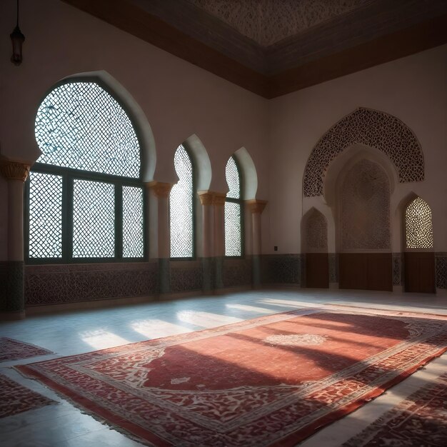 a room with a red and white rug and windows with the sun shining on it