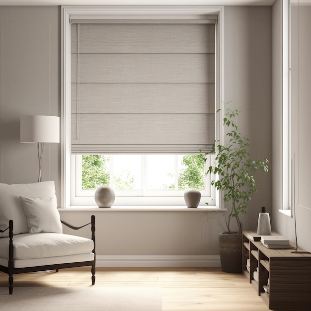 room with a roman blind Hyperrealistic and modern