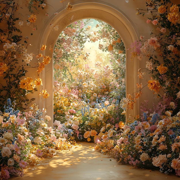 Photo a room with roses and a door with the sun shining through it