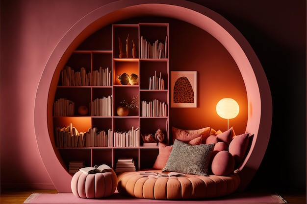 A room with a round shelf with a pumpkin on it.