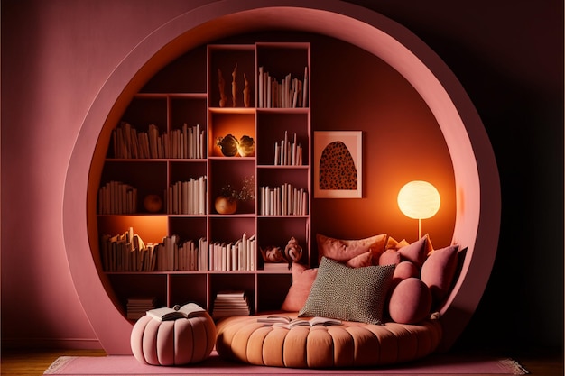 A room with a round shelf with a pumpkin on it