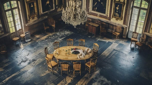 A room with a round table in the center and a chandelier hanging on the wall