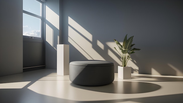 A room with a round table and a plant on the floor.