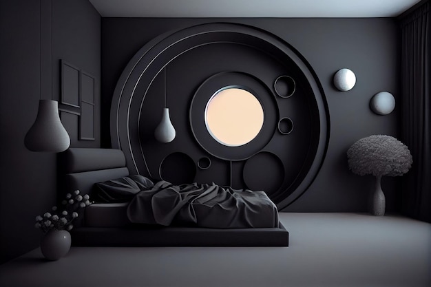 A room with a round window and a bed with a pillow on it.