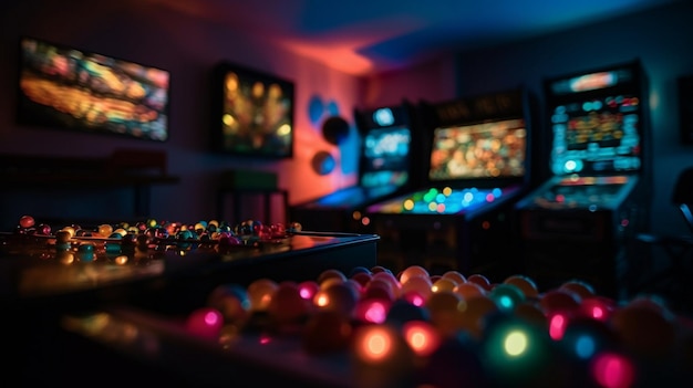 A room with a row of colorful lights and a row of colorful balls.