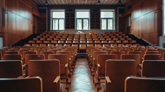 a room with rows of chairs and a large window with the back to the right